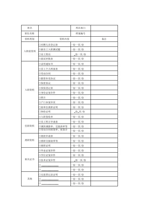 人事档案目录表模板