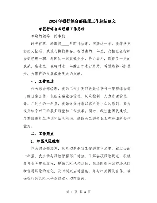2024年银行综合部经理工作总结范文