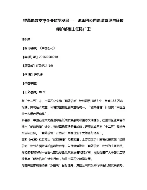 提高能效支撑企业转型发展——访集团公司能源管理与环境保护部副主任陈广卫