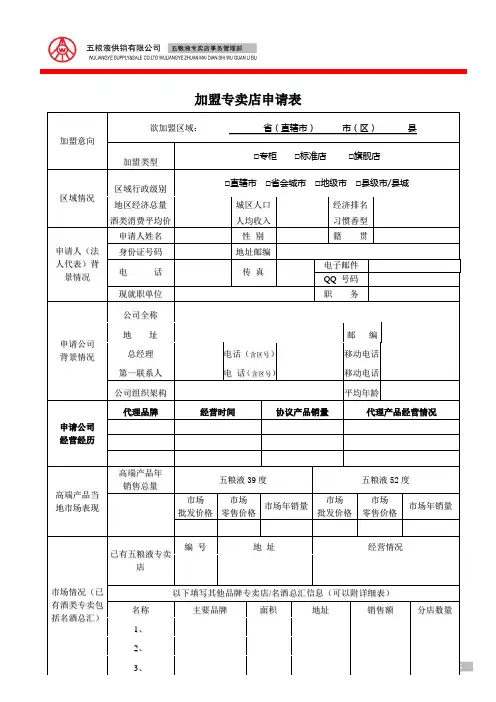 五粮液专卖店申请表