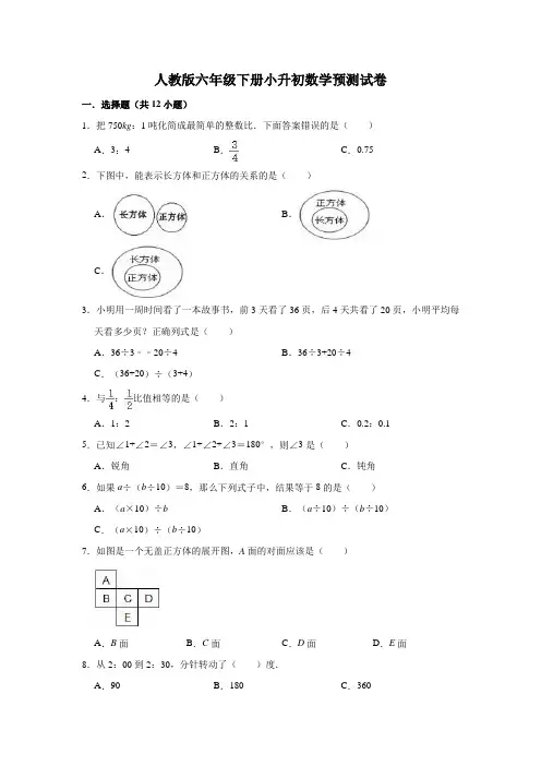 六年级下册数学试题 - 小升初预测试卷8    人教版(含答案)