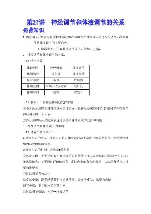 2022届高考生物一轮复习：第二十七讲神经调节与体液调节的关系必背知识清单