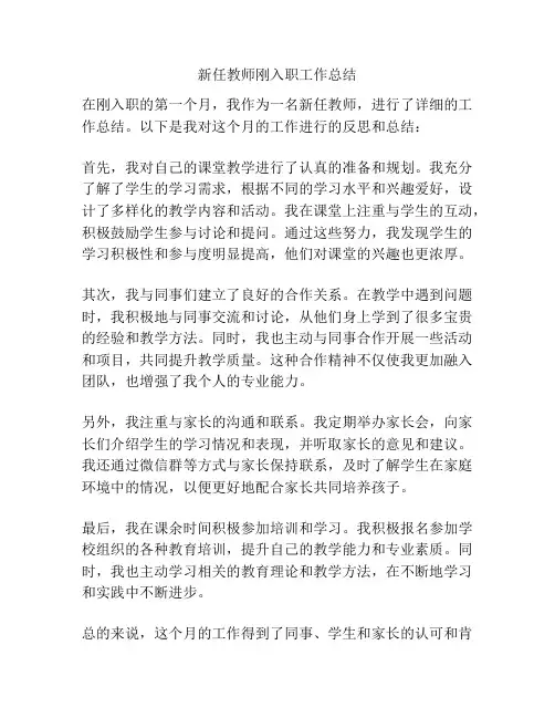新任教师刚入职工作总结
