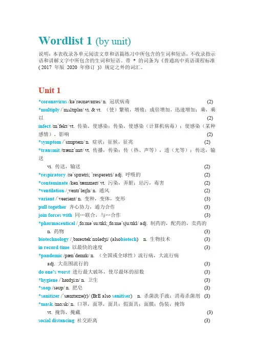 译林版高中英语扩展创新学程二词汇表