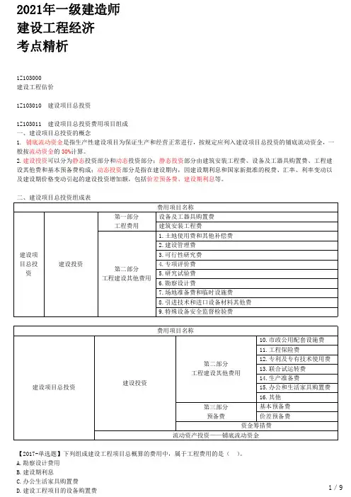 2021年一建经济考点精析 1Z103010  建设项目总投资(一)