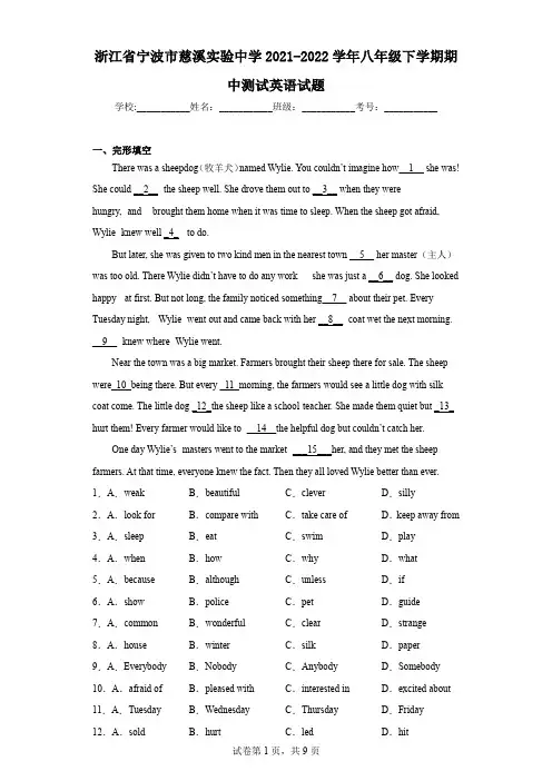 浙江省宁波市慈溪实验中学2021-2022学年八年级下学期期中测试英语试题