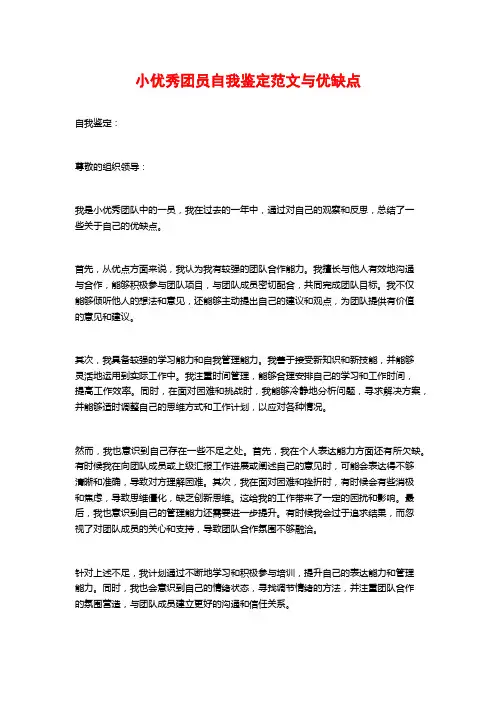 小优秀团员自我鉴定范文与优缺点