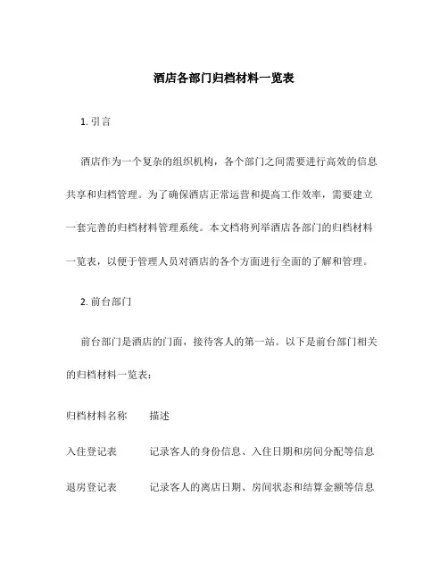 酒店各部门归档材料一览表
