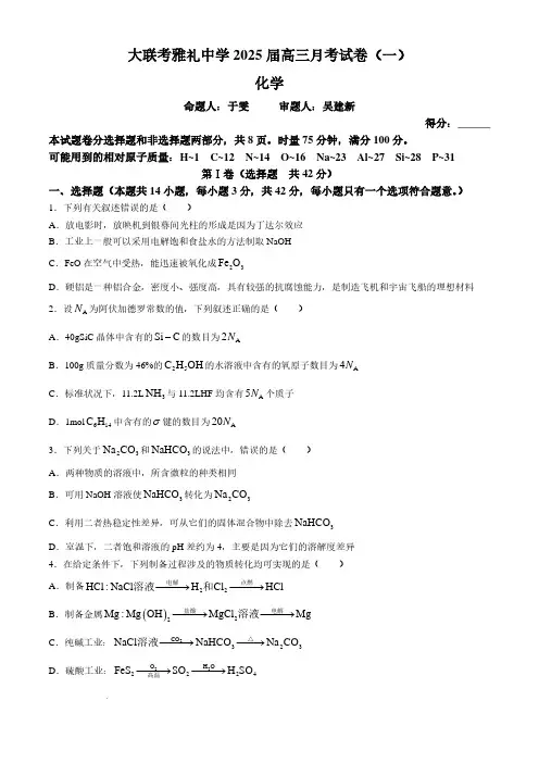 湖南省长沙市雅礼中学2024-2025学年高三上学期月考卷(一)化学试题+答案