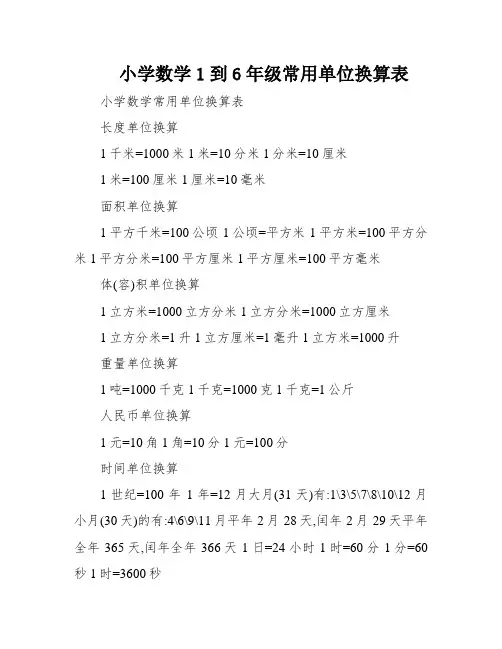 小学数学1到6年级常用单位换算表