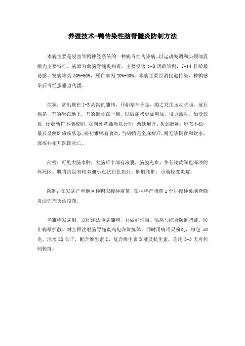 养殖技术-鸭传染性脑脊髓炎防制方法