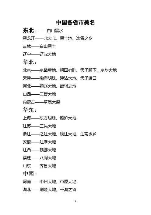 中国各省的称号(美名)