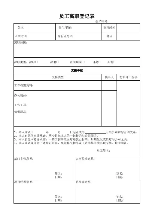 员工离职登记表(公司版)