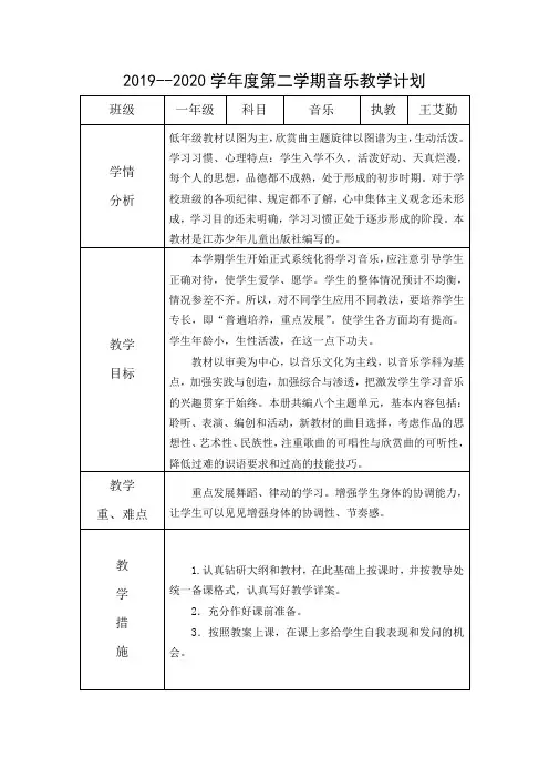2020 一年级下音乐计划
