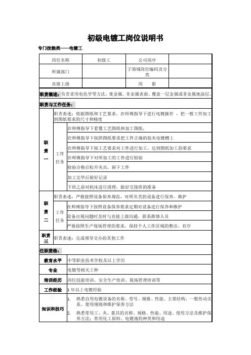 初级电镀工岗位说明书