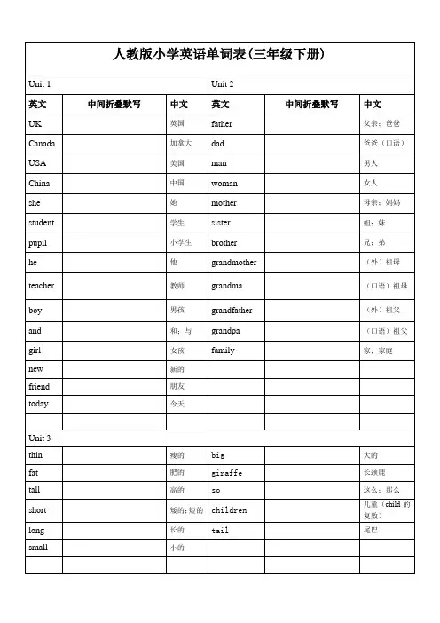 人教版小学英语单词表(三年级下册)默写背诵篇