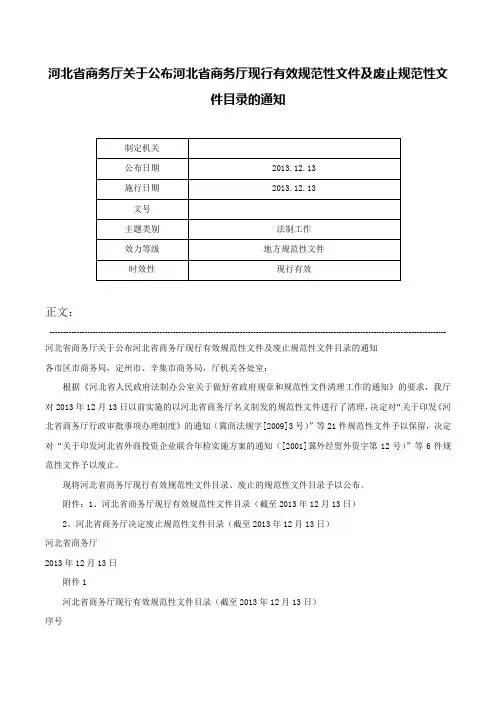 河北省商务厅关于公布河北省商务厅现行有效规范性文件及废止规范性文件目录的通知-