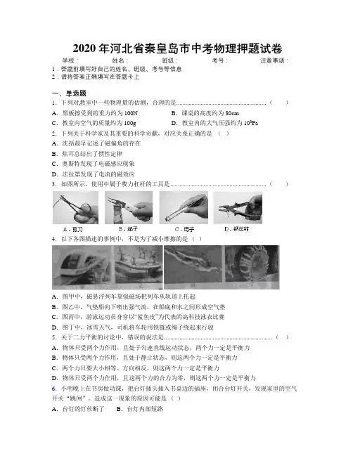 2020年河北省秦皇岛市中考物理押题试卷附解析