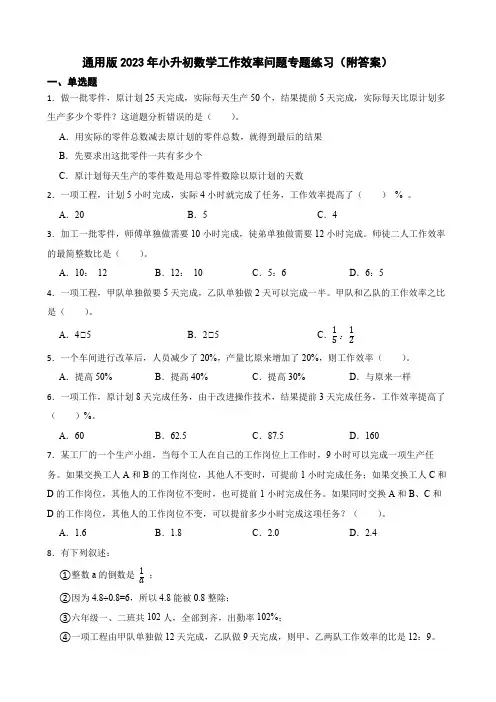 通用版2023年小升初数学工作效率问题专题练习(附答案)
