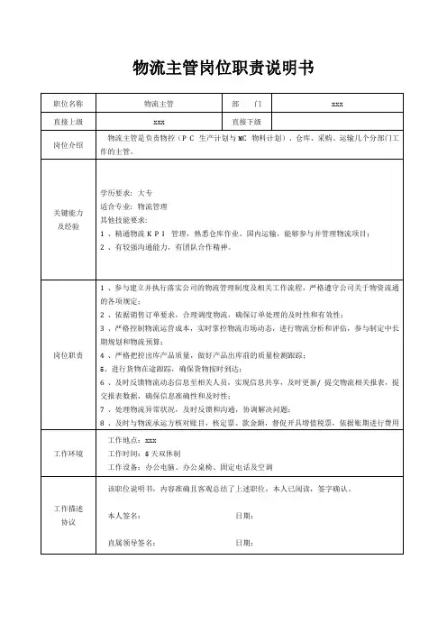物流主管岗位职责说明书[精美打印版本]