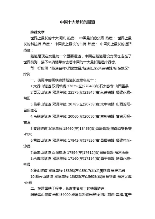 中国十大最长的隧道