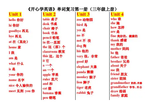 开心学英语gogo单元词语 三年级上下册单词整理