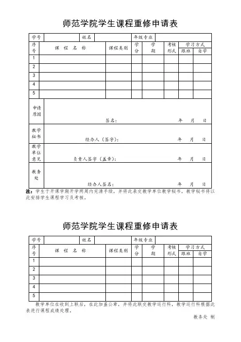 师范学院学生课程重修申请表