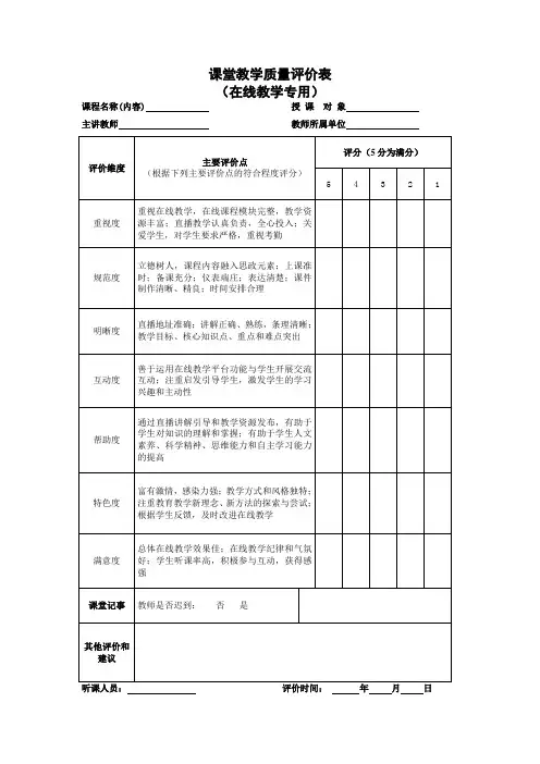 课堂教学质量评价表(在线教学专用)