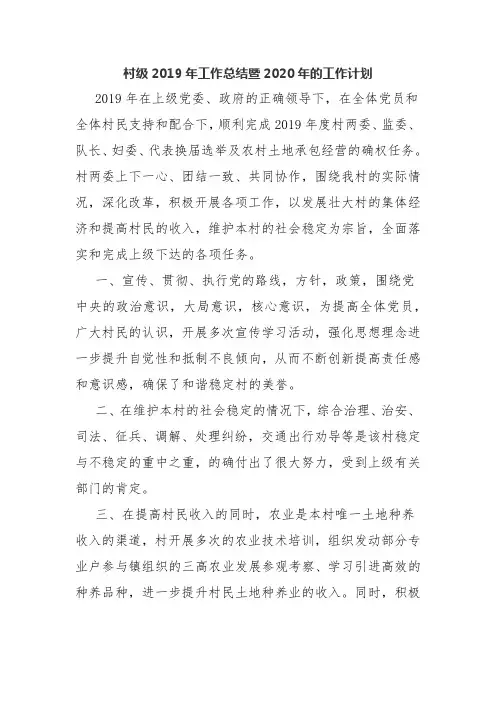 村级2019年工作总结暨2020年的工作计划