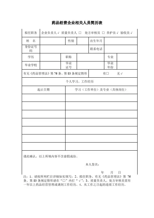 药品经营企业相关人员简历表 新版