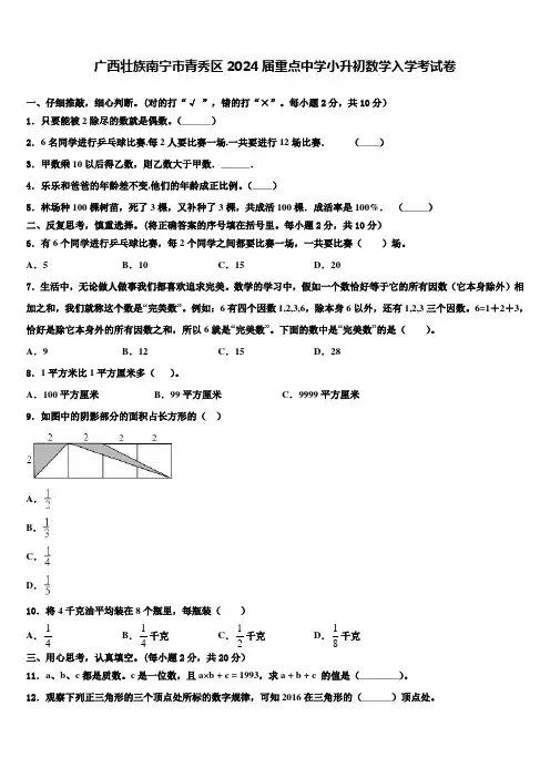 广西壮族南宁市青秀区2024届重点中学小升初数学入学考试卷含解析