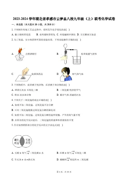 2023-2024学年湖北省孝感市云梦县八校九年级(上)联考化学试卷(含解析)