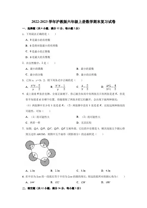 2022—2023学年沪教版(上海)数学六年级上册期末复习试卷 (含答案)