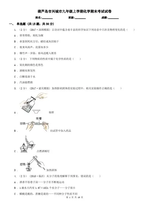 葫芦岛市兴城市九年级上学期化学期末考试试卷