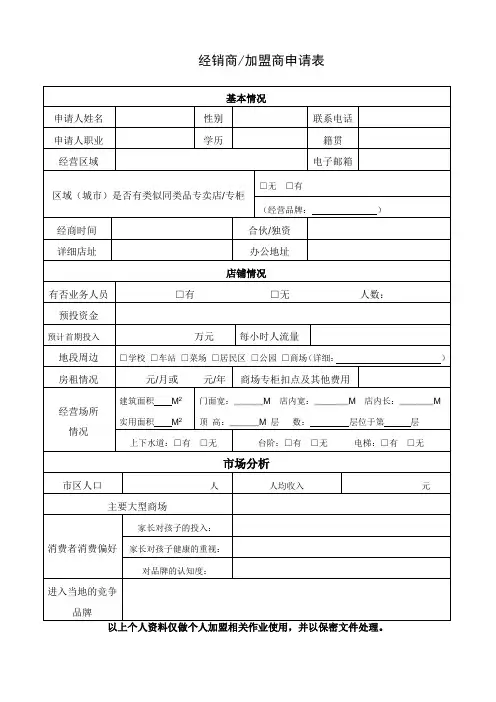 经销商加盟商申请表