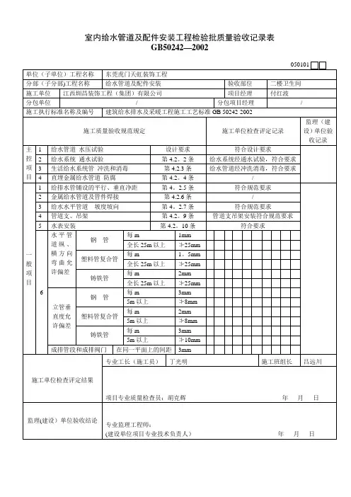 室内给水管道及配件安装工程检验批质量验收记录表【范本模板】