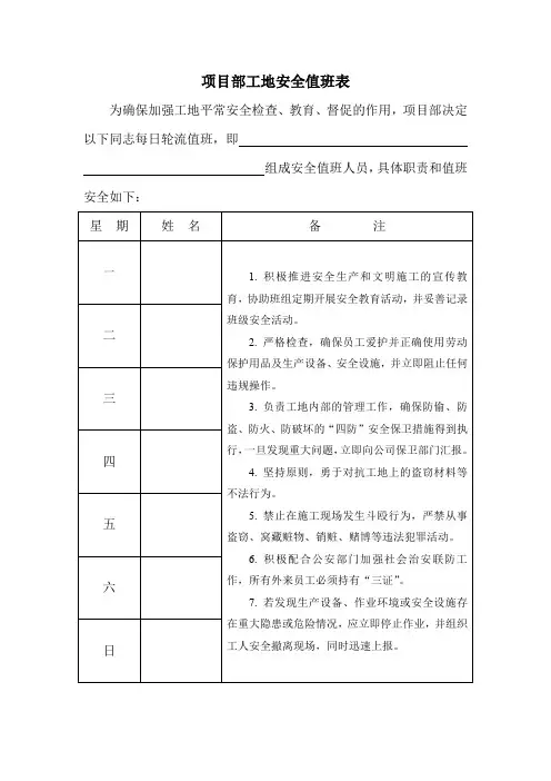 【精品】项目部工地安全值班表(单张打印版)