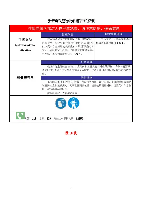 一氧化碳、手传震动、高频磁场警示标识和告知卡式样