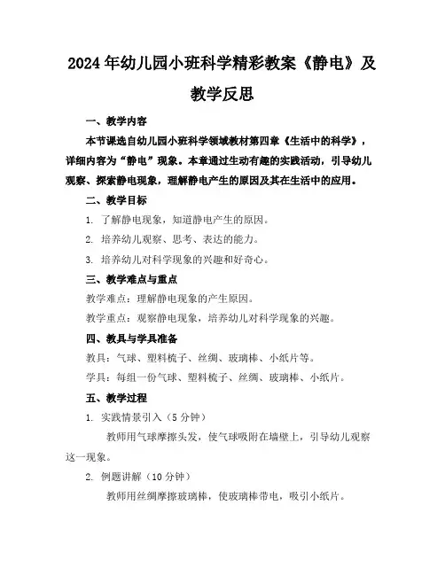 2024年幼儿园小班科学精彩教案《静电》及教学反思