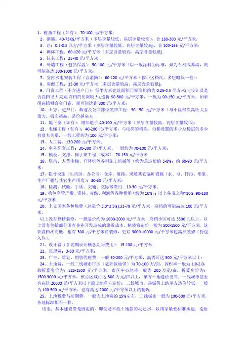 工程造价的一些常用数据