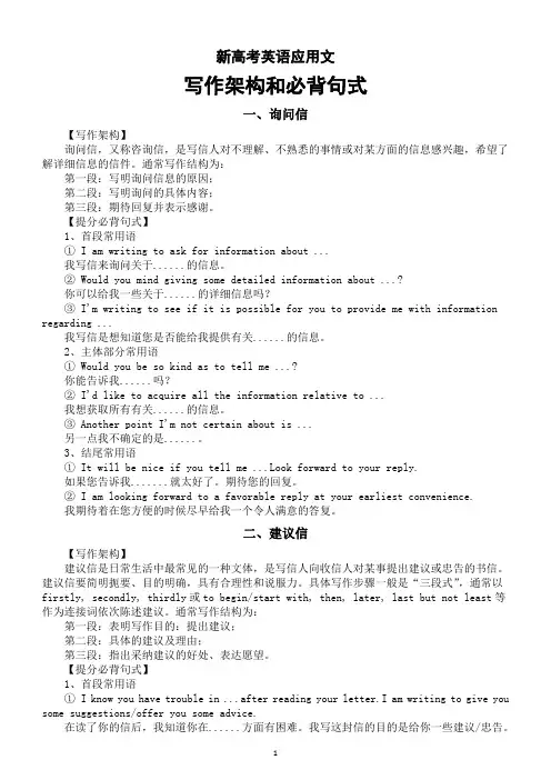 高中英语2024届新高考应用文写作架构和必背句式(询问信+建议信+求助信+感谢信+道歉信+推荐信)