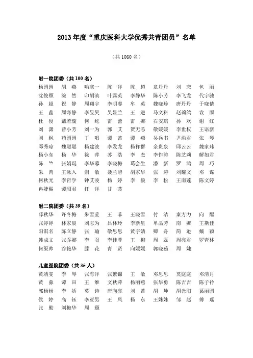 2013年度“重庆医科大学优秀共青团员”名单.