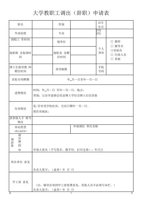 大学教职工调出(辞职)申请表
