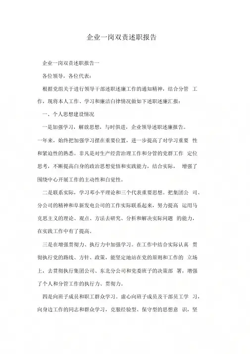 企业一岗双责述职报告