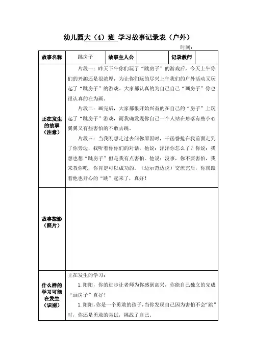 幼儿园大(4)班 学习故事记录表