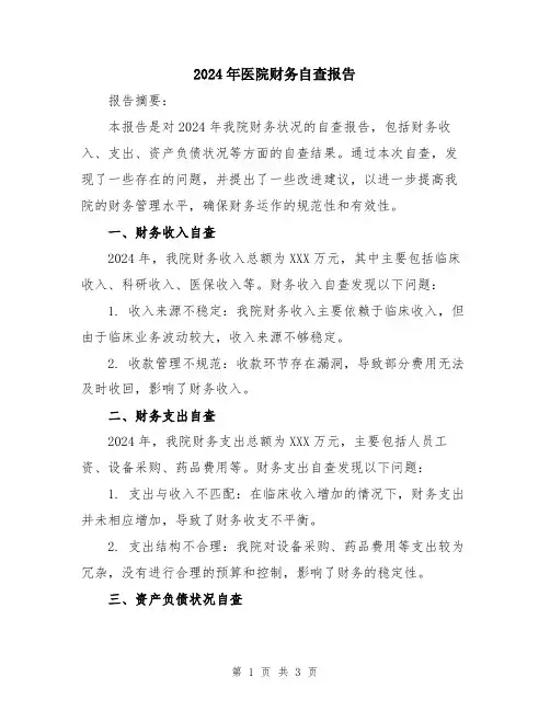2024年医院财务自查报告