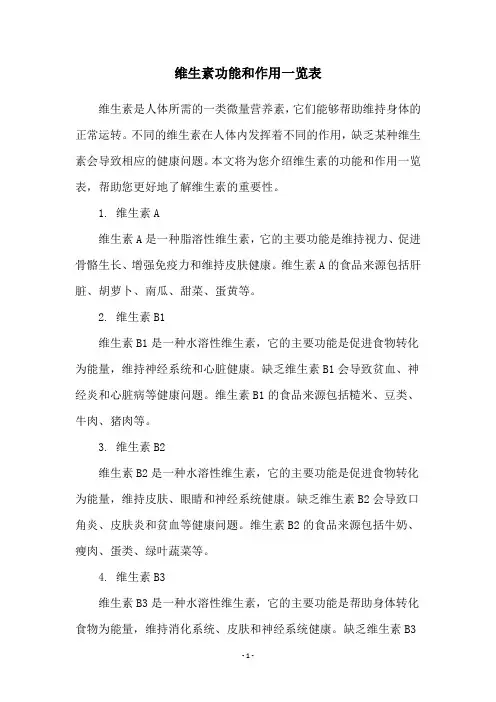 维生素功能和作用一览表