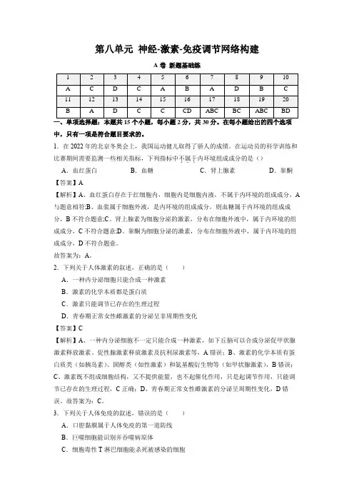 新高考生物第八单元 神经-激素-免疫调节网络构建(A卷新题基础练)(解析版)
