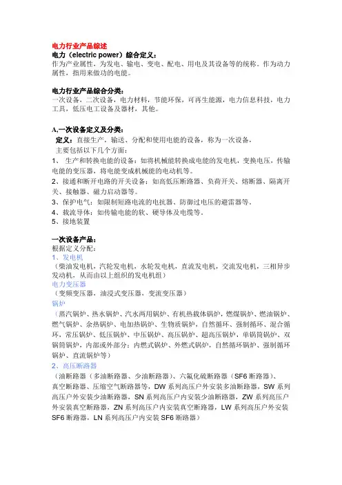 电力行业产品分类
