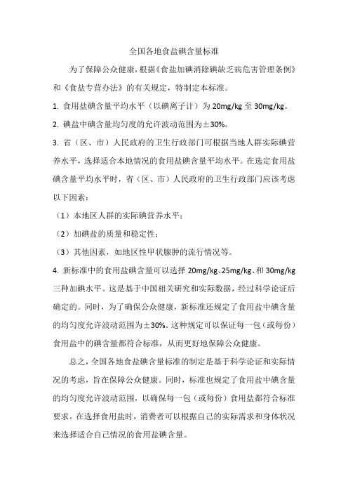 全国各地食盐碘含量标准